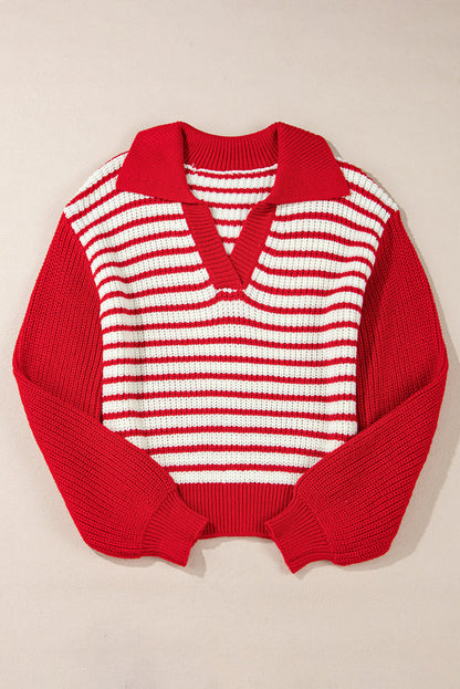 Red Stripe Lantern Sleeve V Golswar Drop Sweater