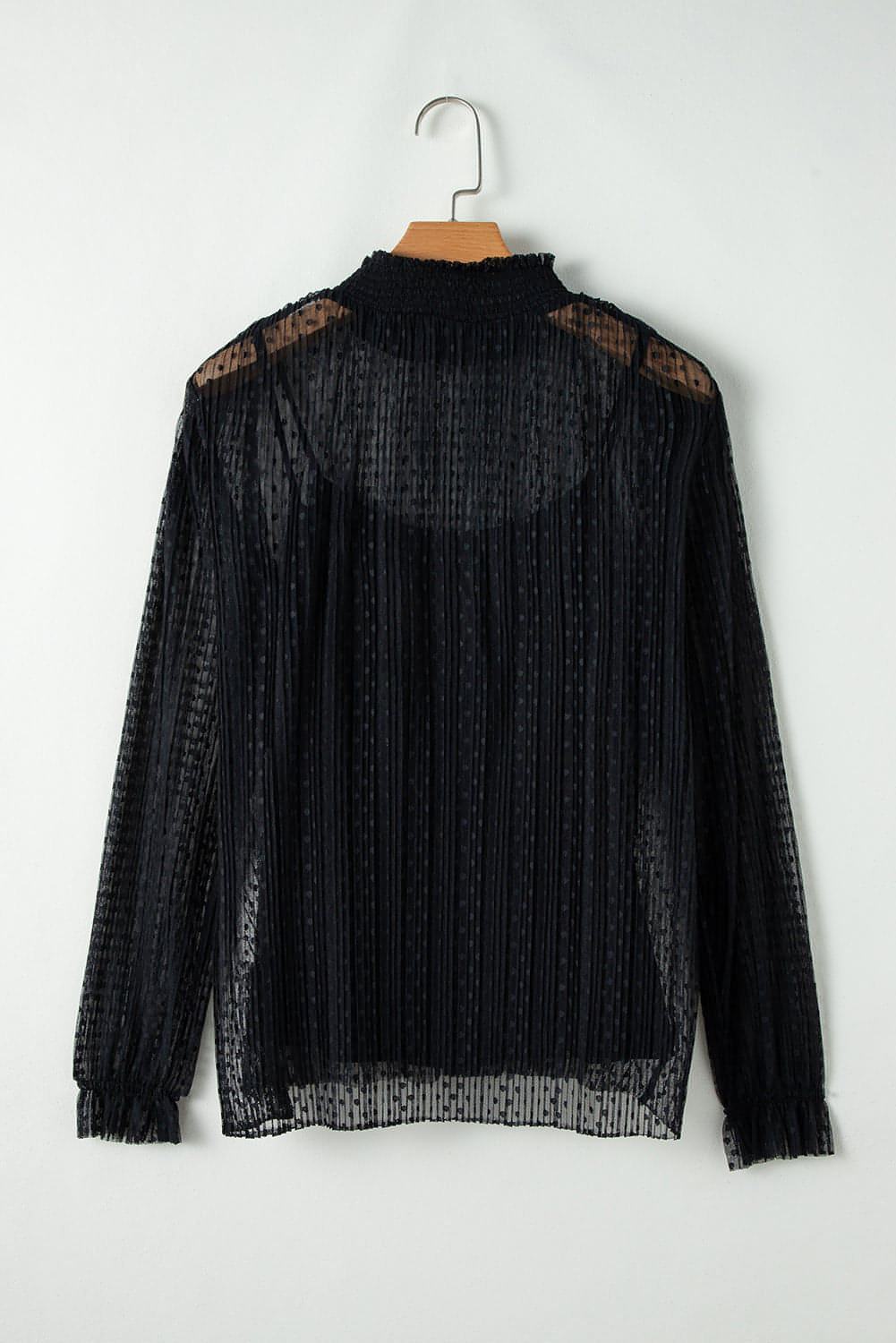 Black Dotty Lace Sheer Mock Neck langermet bluse