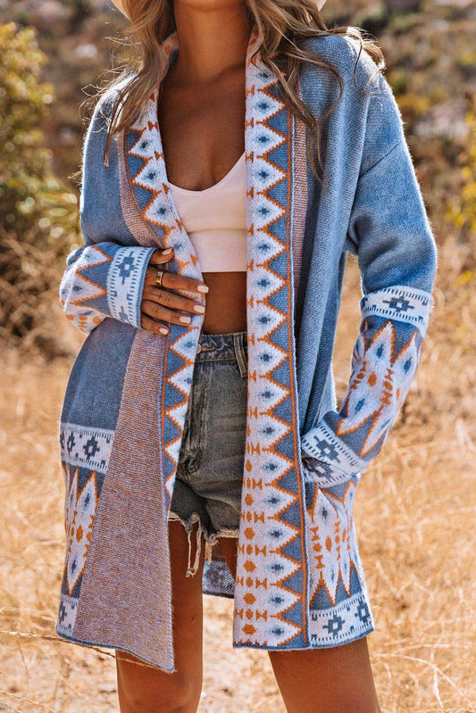 Blue Aztec Print Open Front Sticked Cardigan