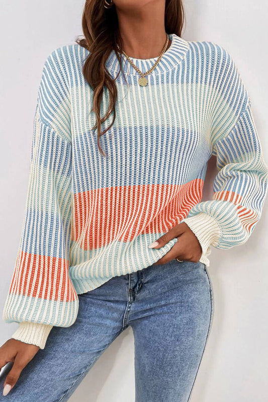 Multicolour ColorBlock Textured Knit Bubble Sleeve Sweater