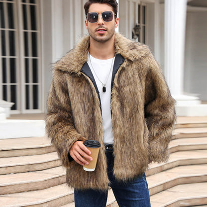 European And American Men's Lapel Short Faux Fur Jacket Warm Coat Overcoat