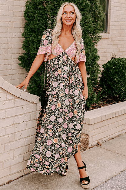 Zwarte Boho bloemen patchwork sexy maxi-jurk met V-hals en korte mouwen