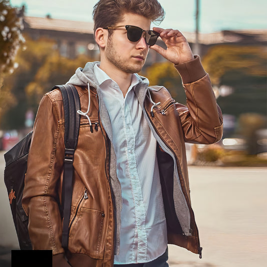 Chaqueta con capucha de PU y sombrero desmontable para hombre