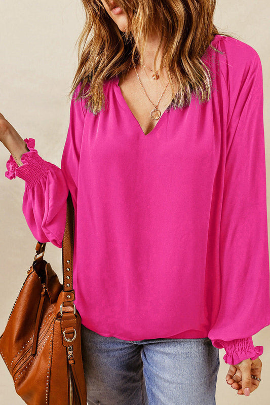 Roze geplooide v nek puffy mouw blouse