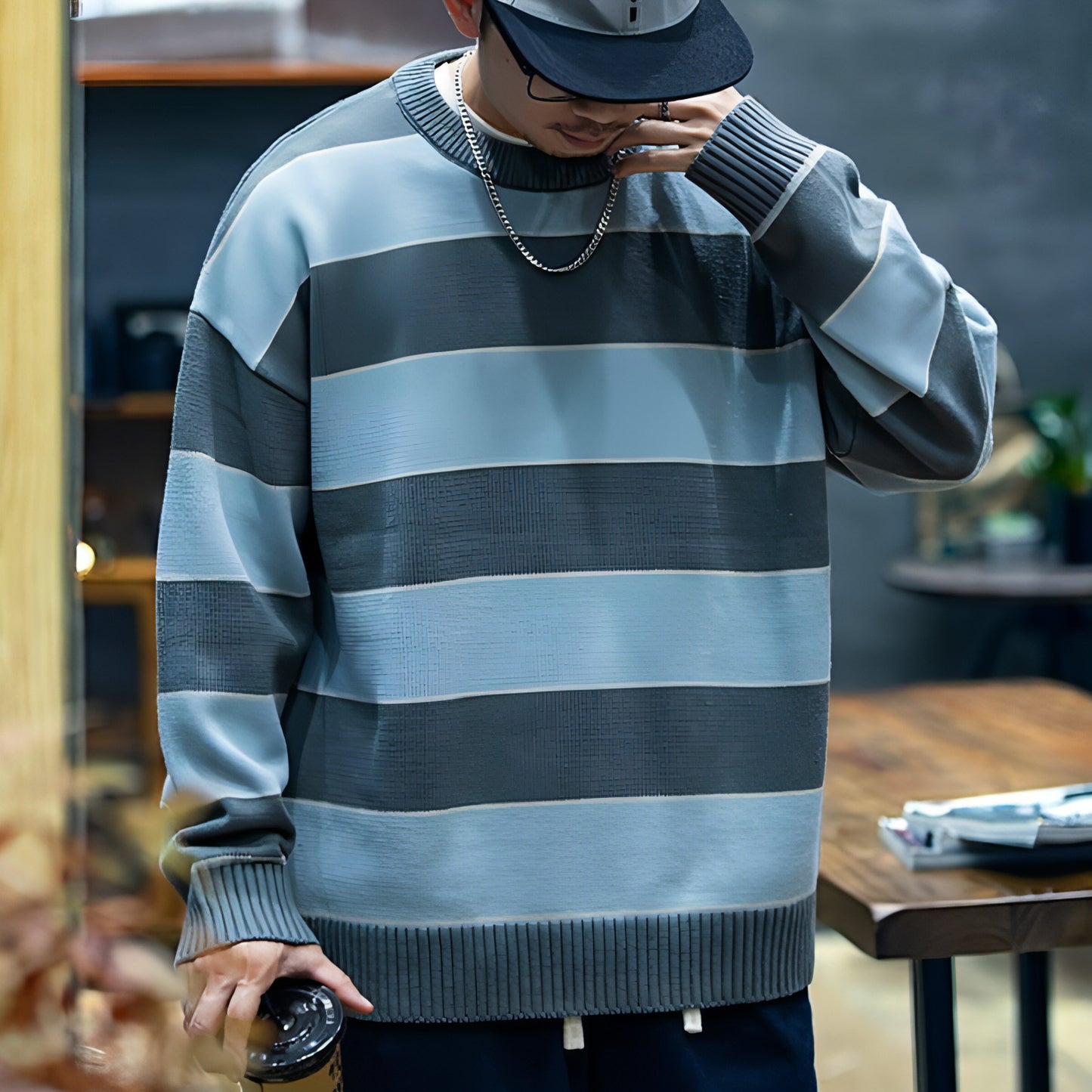 Herren Pullover mit Rundhalsausschnitt, lockere Modemarke, lässiger Pullover für Herren