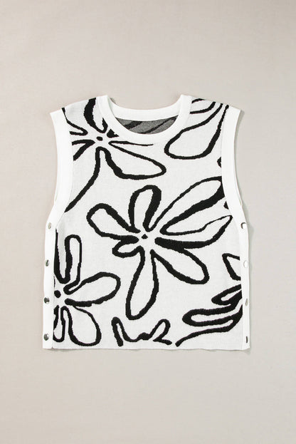 White Button Sides Sleeveless Floral Knitted Top