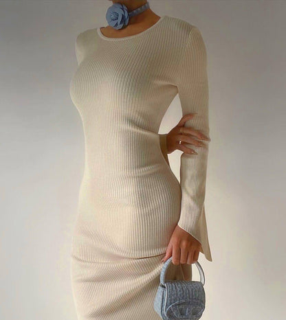 Autumn And Winter Long Sleeve Knitted Backless Round Neck Dress