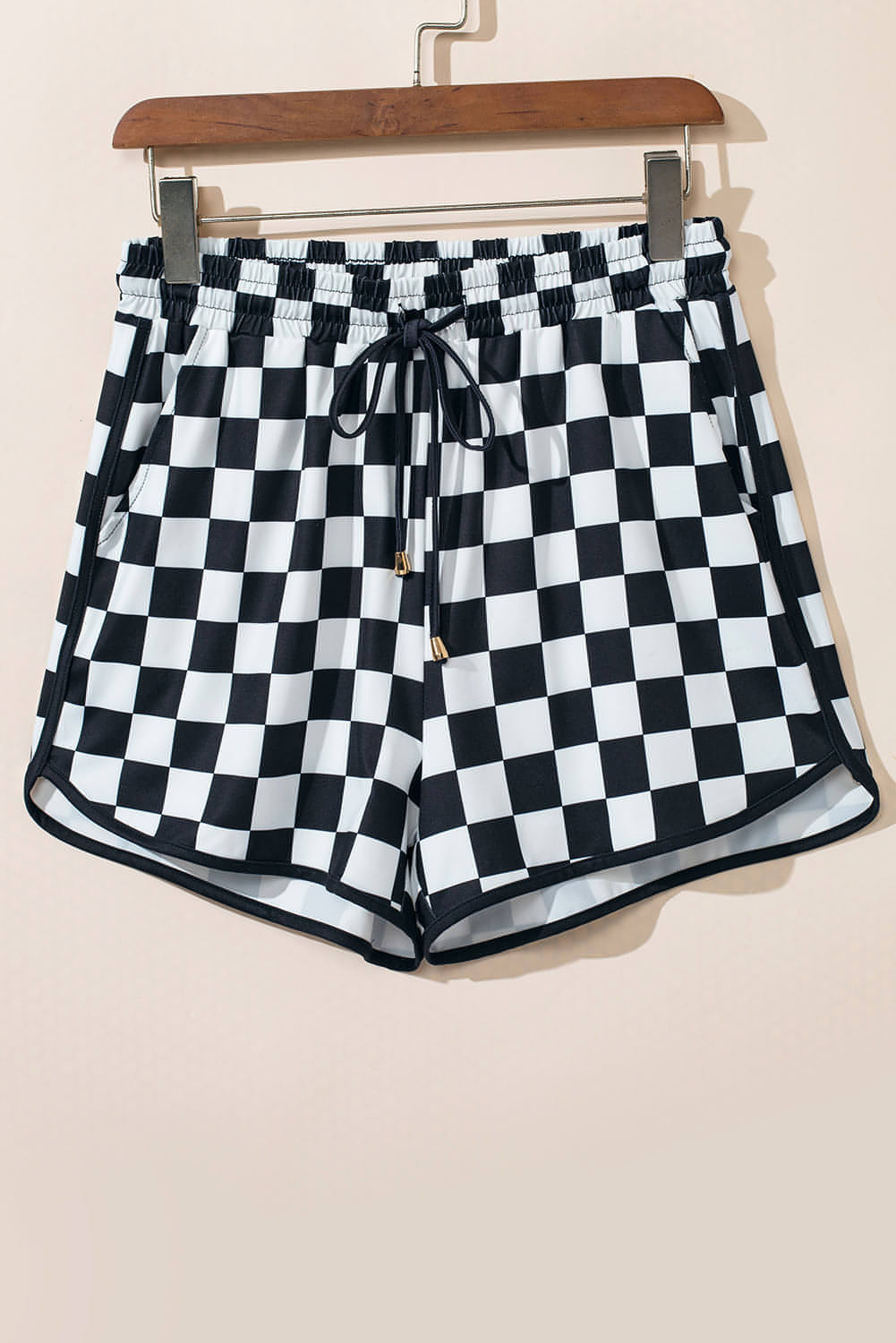 Shorts casuais de cintura elástica de cordão quadriculado pretos quadriculados