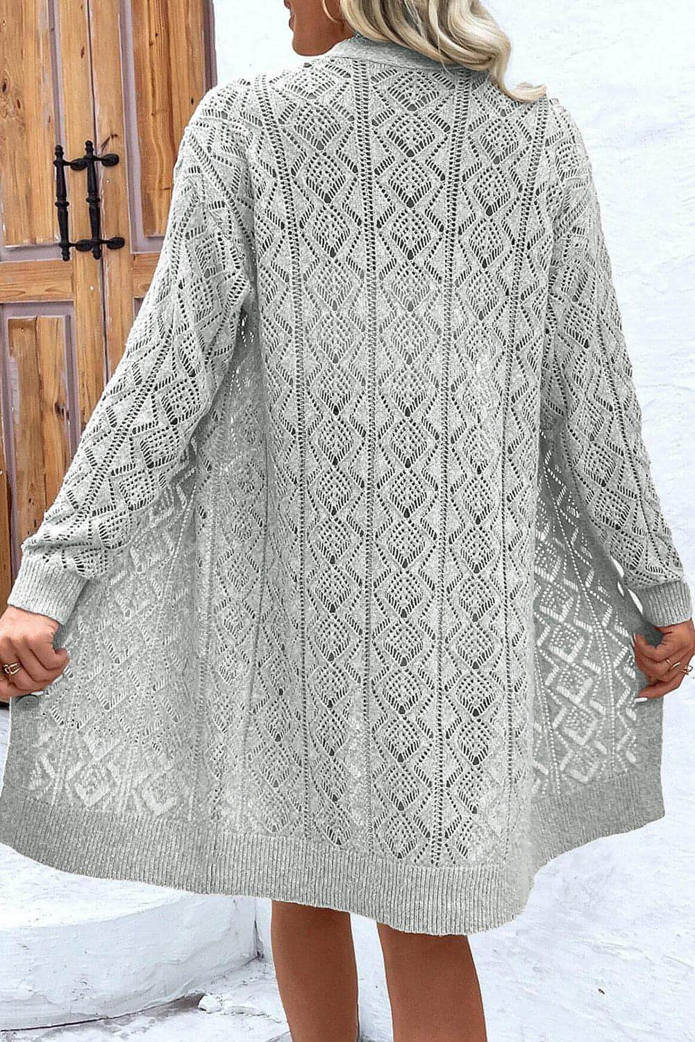 Botões Cinza Hollow Out Long Cardigan