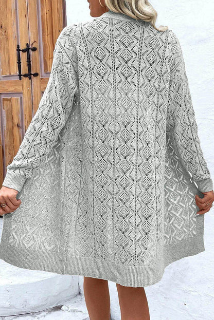 Botões Cinza Hollow Out Long Cardigan