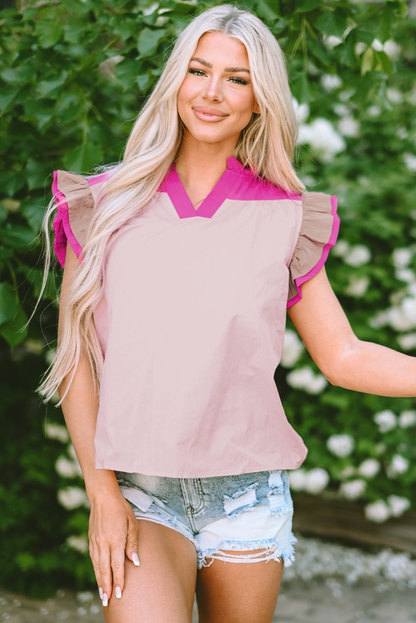 Blusa con escote en V y mangas con volantes y bloques de color rosa