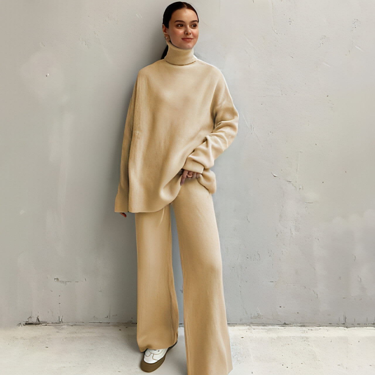 Casual Knitted Two-piece Turtleneck And Wide Leg Pants Women Loose Pullover Sweater