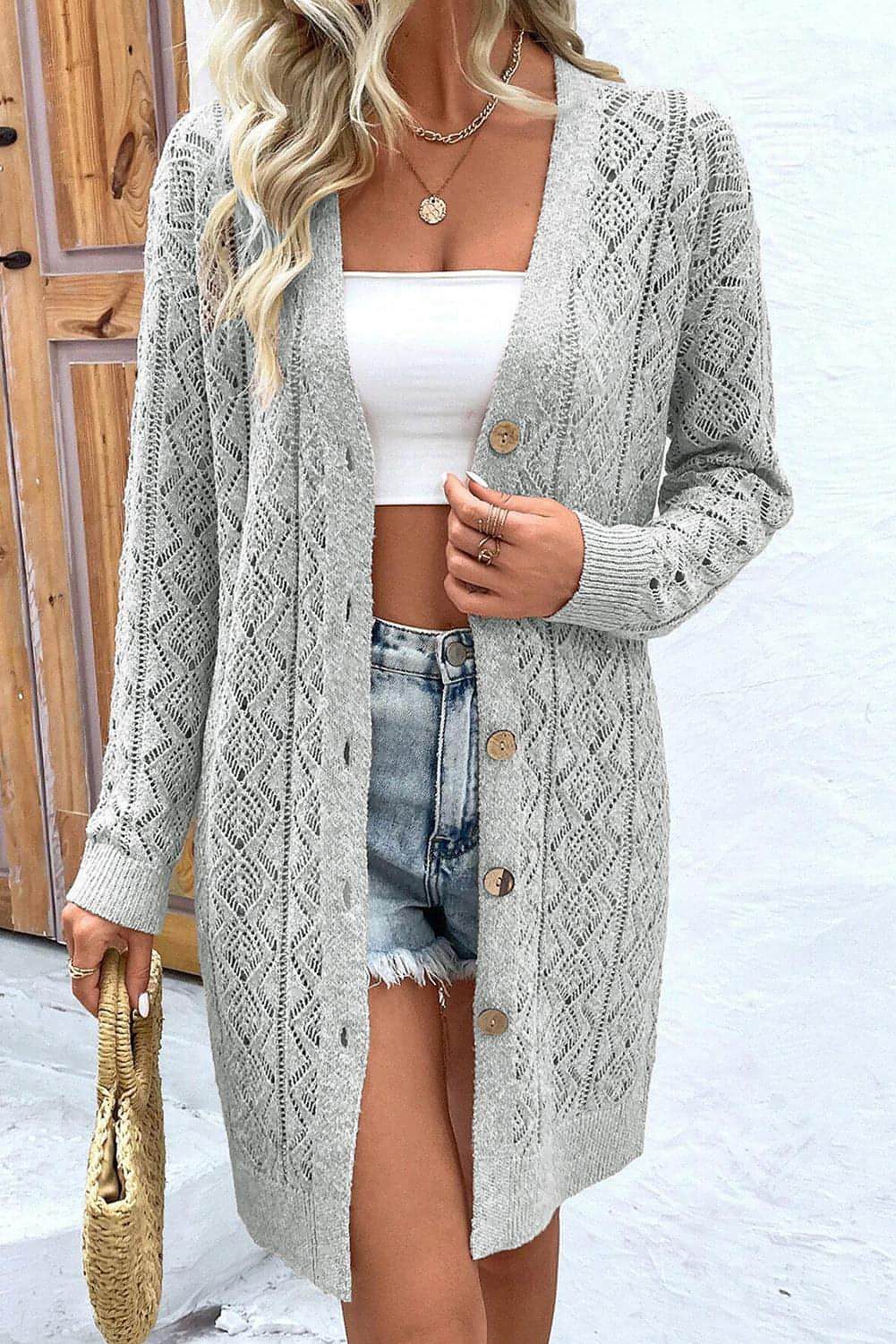 Botões Cinza Hollow Out Long Cardigan