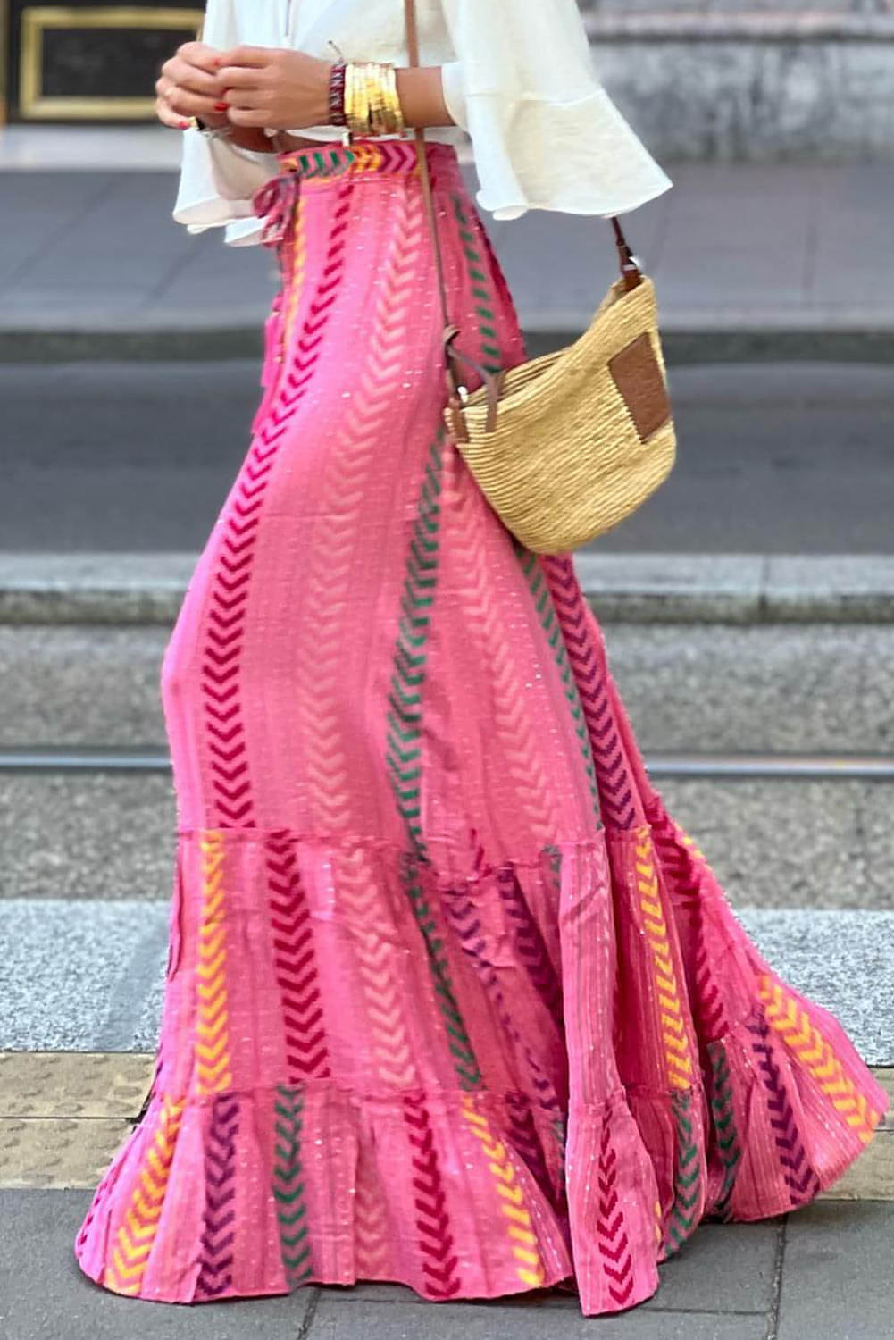 Roze boho bedrukte kwastige trekkoord gegolfd maxi rok