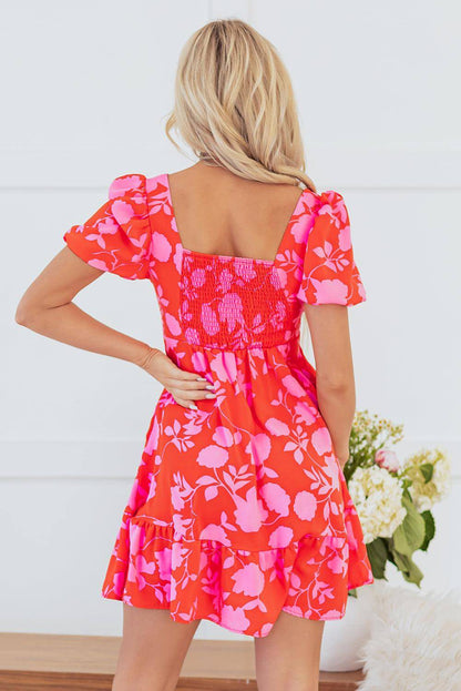 Red Floral Bubble Manga Sweetheart Neck Ruffled Mini Dress