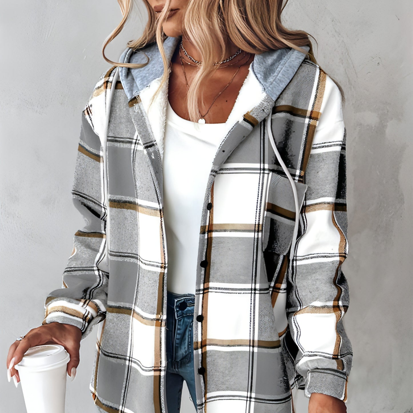 Women's Wear Solid Color Plaid Hooded Jacket