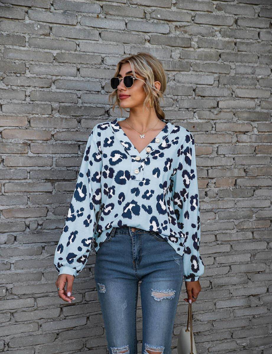 Leopard Print Printed V-neck Off-the-shoulder Long Sleeve T-shirt Women