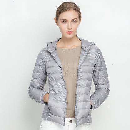 Chaqueta ligera de plumas para mujer, corta, con capucha y muy ligera