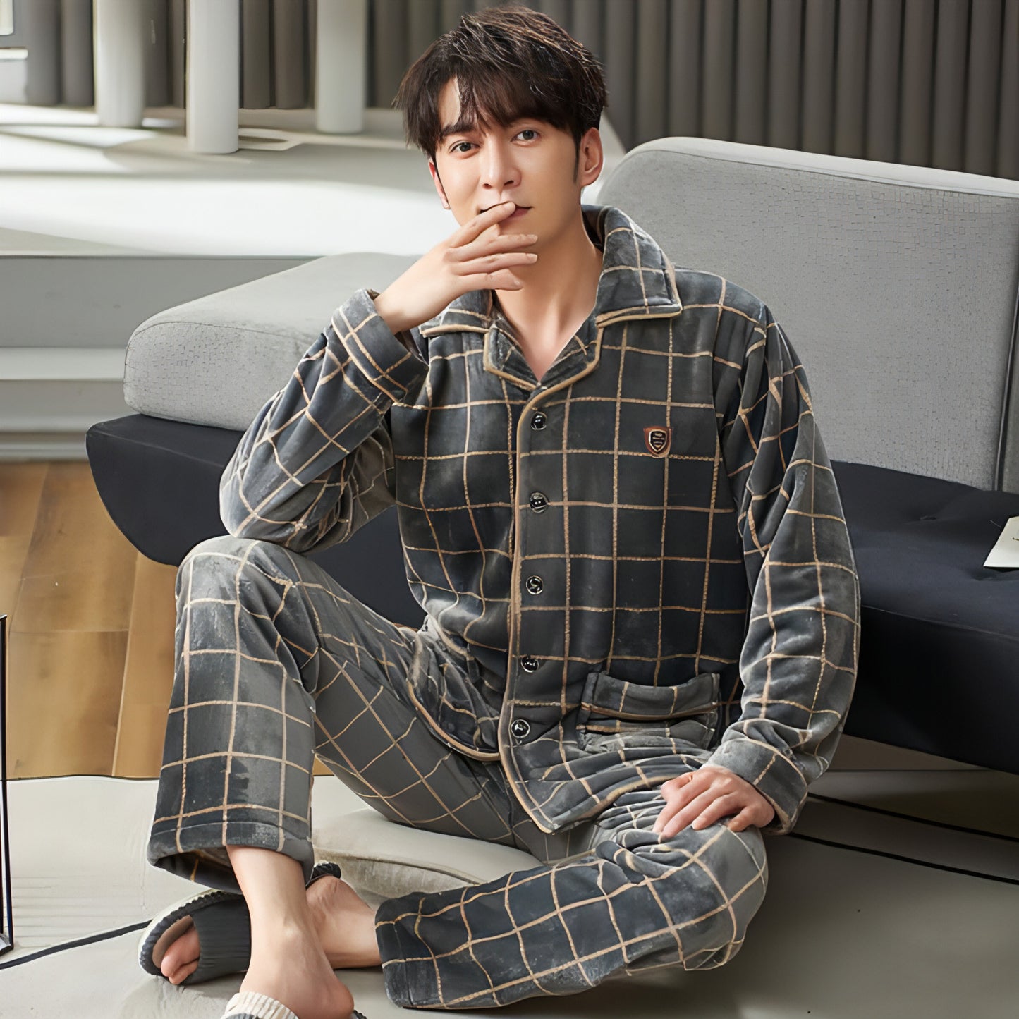 Terno de pijamas de flanela de inverno masculino