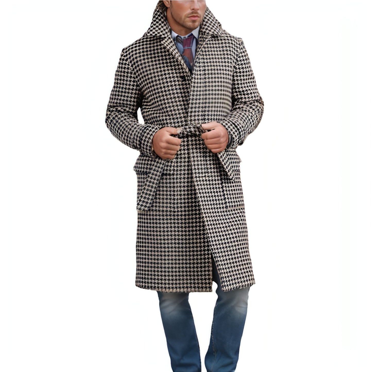 Men's Mid-length Woolen Trench Coat Houndstooth Quilted