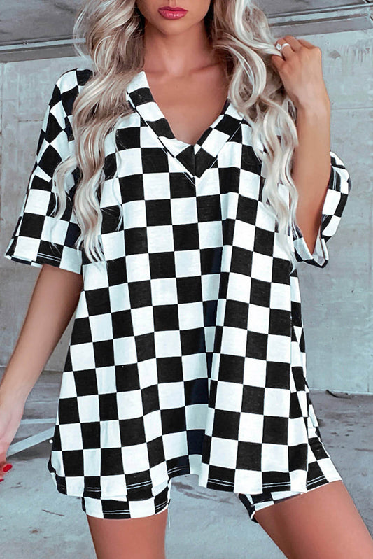 Black Checkerboard Print V Neck Loose Tee and Shorts Lounge Set