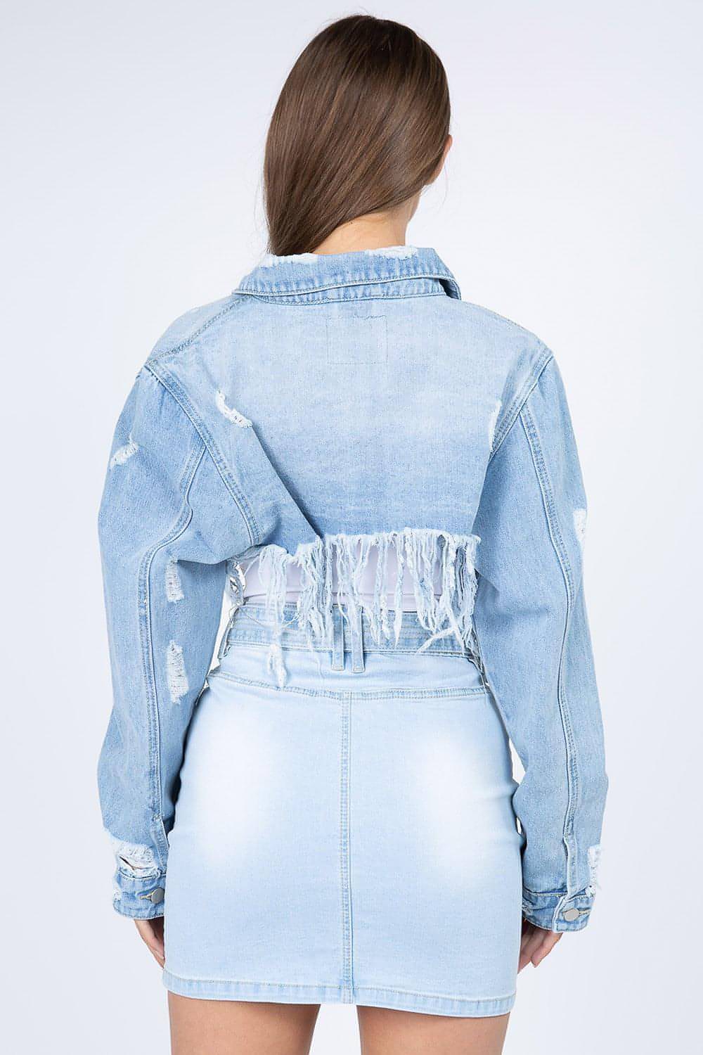 American Bazi Distressed Denim Jacket with Frayed Hem Women