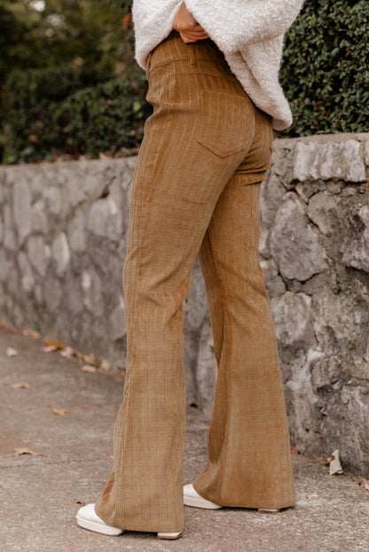 Grapefruit oranje geruite corduroy flare hoge taille broek