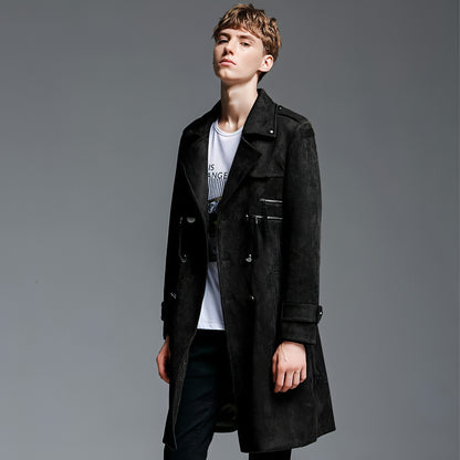 Double Breasted Suede Trench Coat For Men Mid-length Coat Plus Size