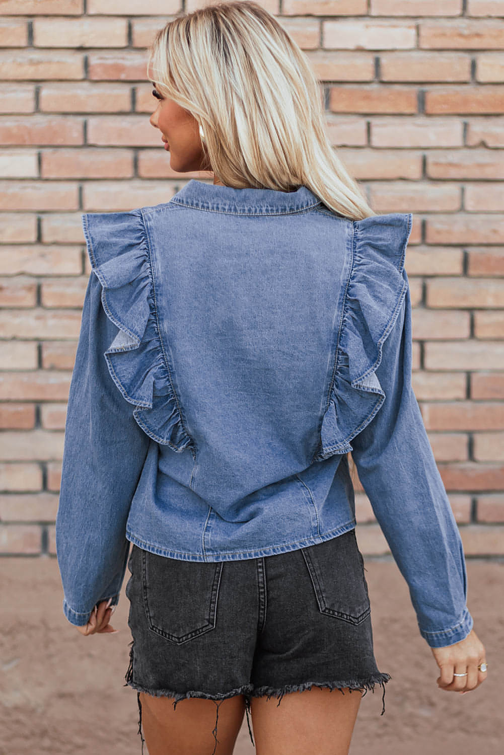 Skymning blå denim ruffled casual top