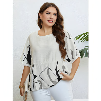 Camiseta holgada informal con cuello redondo y estampado artístico para mujer