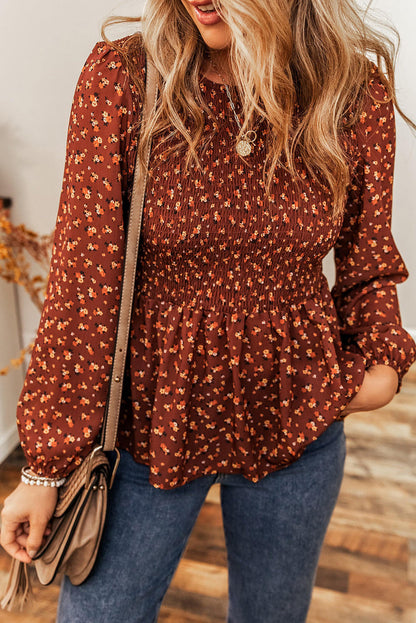 Boho Floral Smocked Bust Blouse Peplum