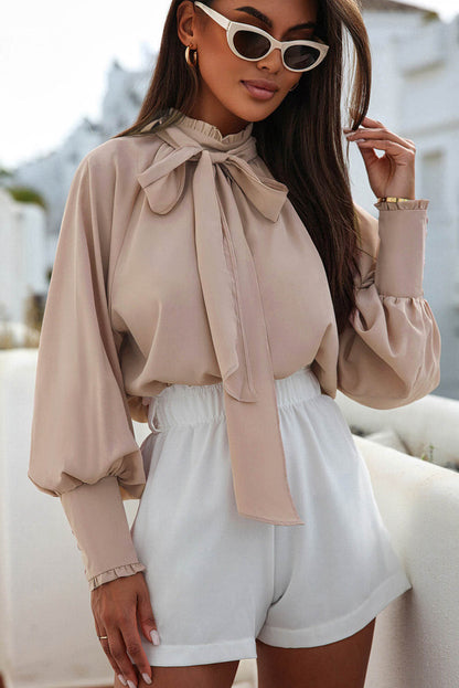 Khaki Frilled Knotted Mock Neck Bishop Sleeve Bluse