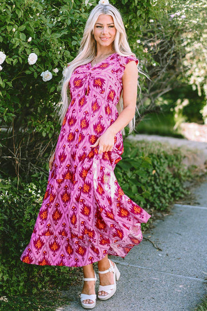 Bonbon Retro Print Twisted Twisted Front Ruffled Maxi Dress