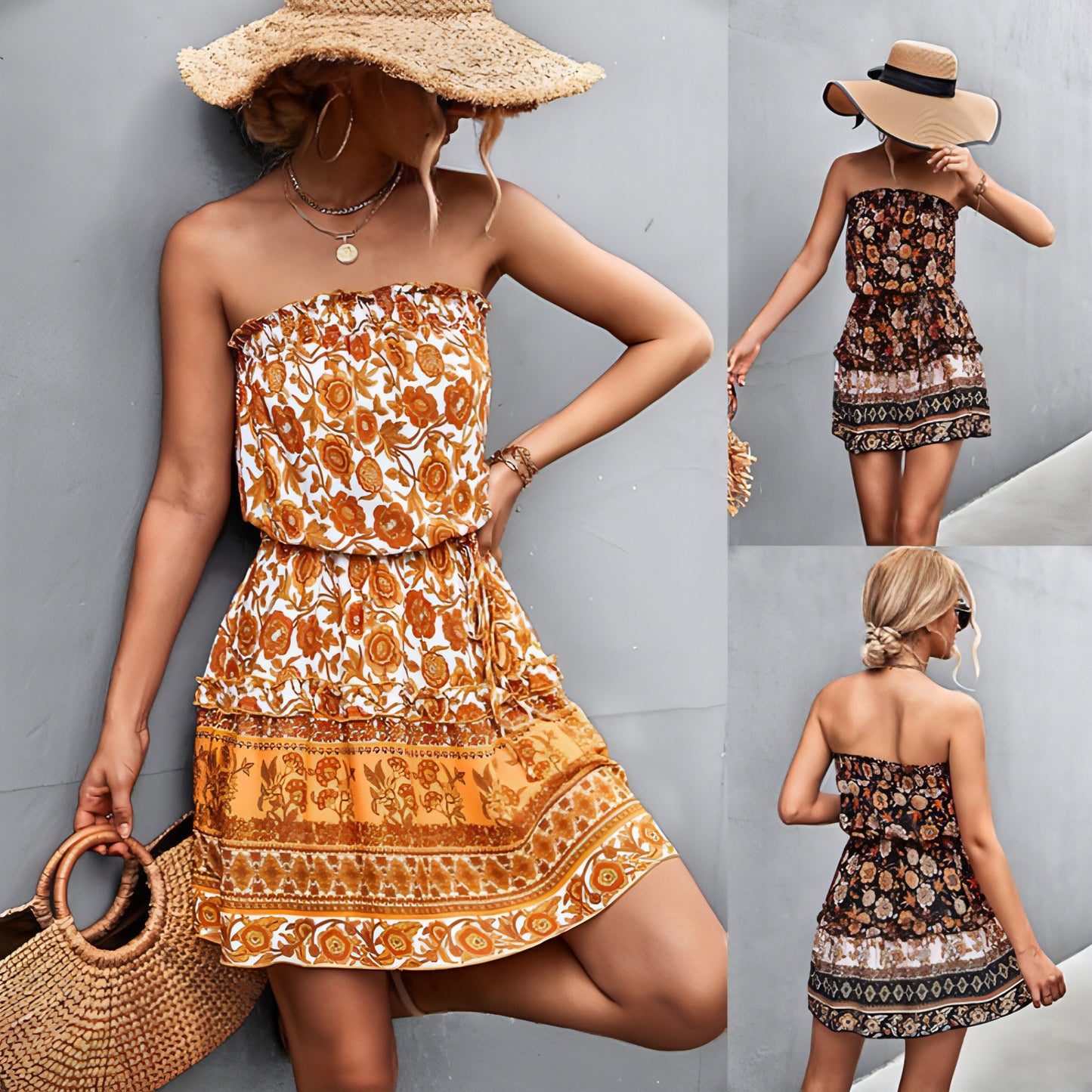 Trägerloses Kleid für Damen im Bohemian-Stil mit Blumendruck, Sommer-/Strandkleid