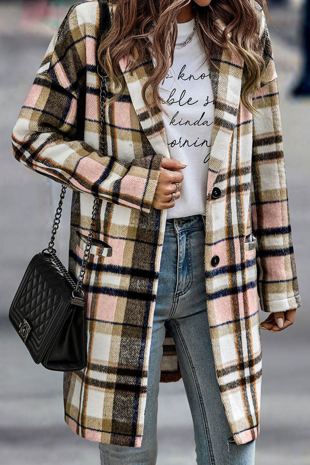 Rosa Plaid -Knopf -Up -Manteljacke