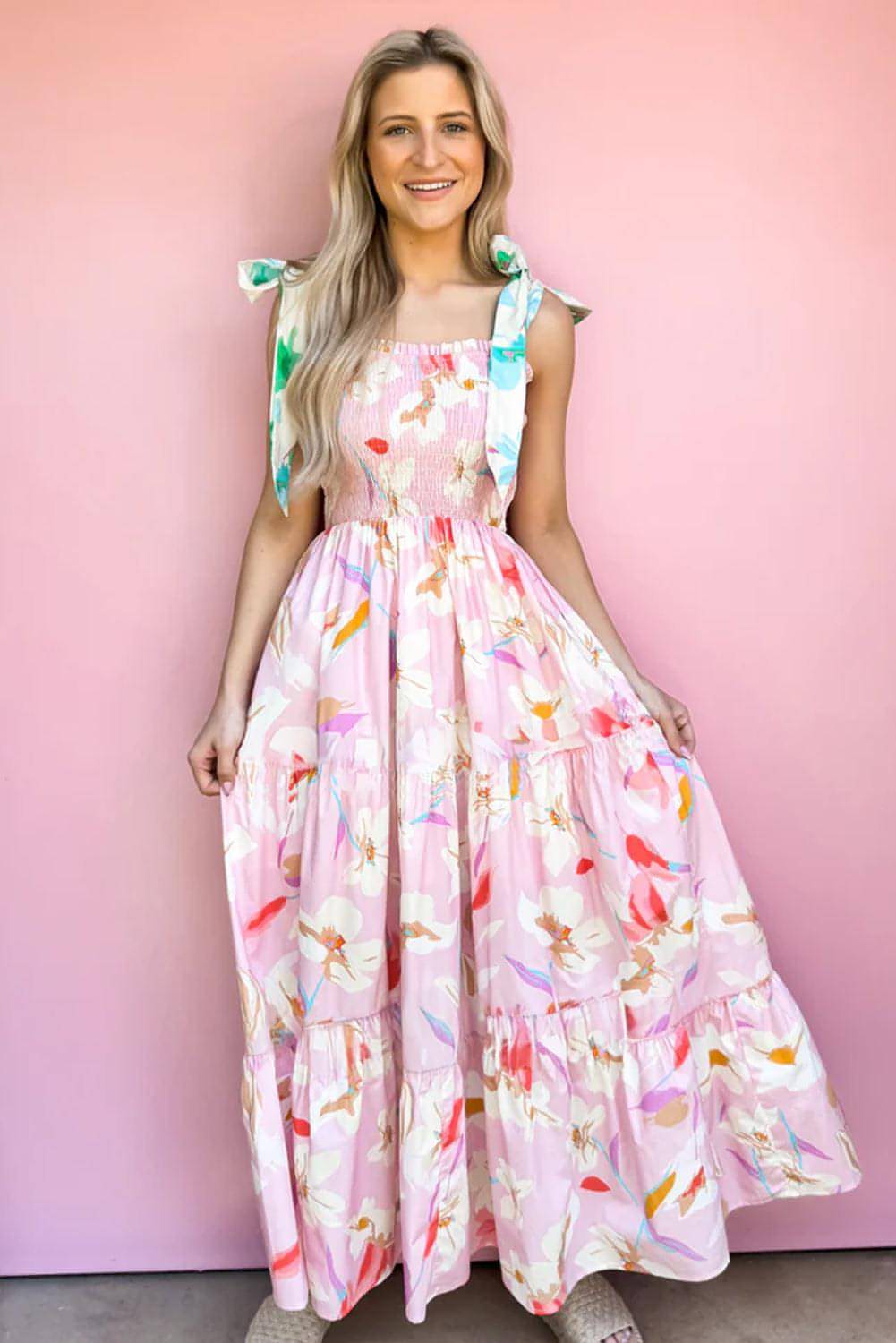 Rosa Floral Print Knotted Shoulder Smocked Maxi Dress