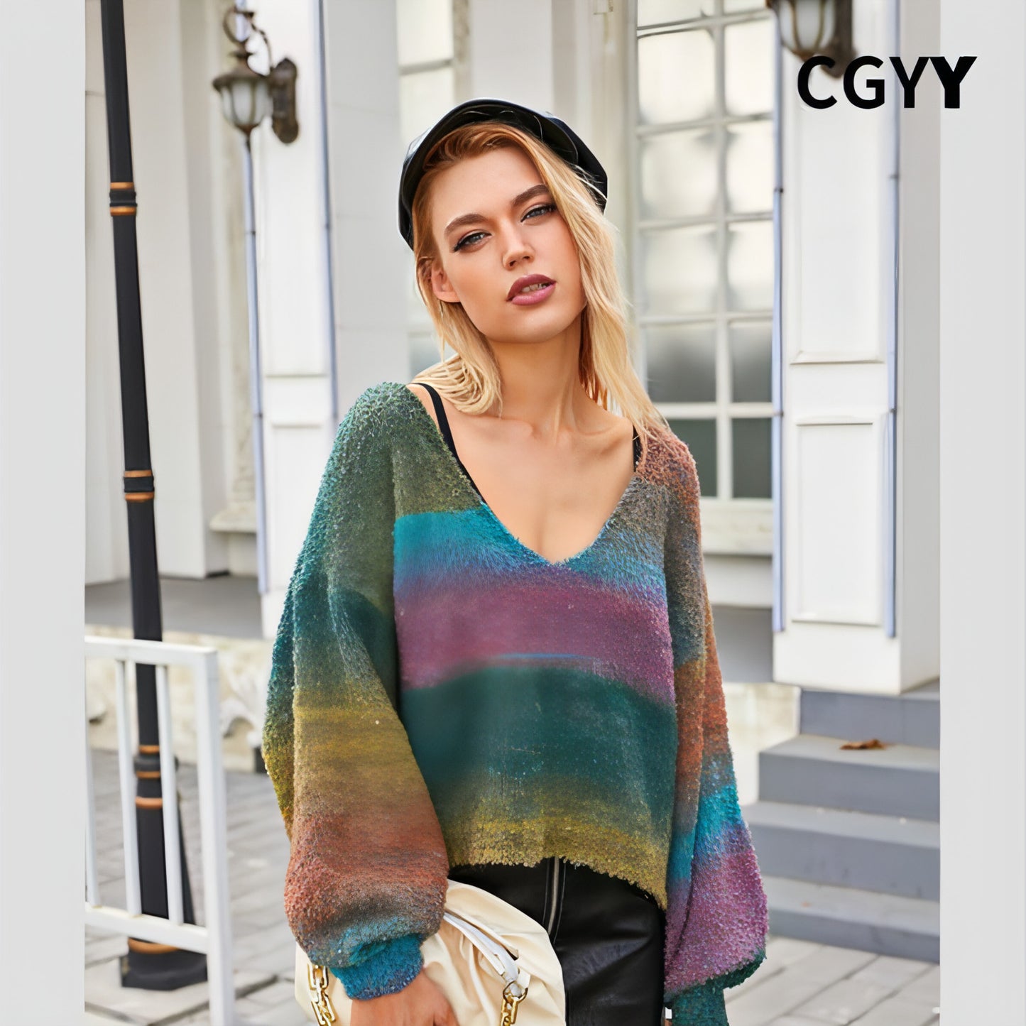 Rainbow Striped V-neck Sweater Loose-fitting Women