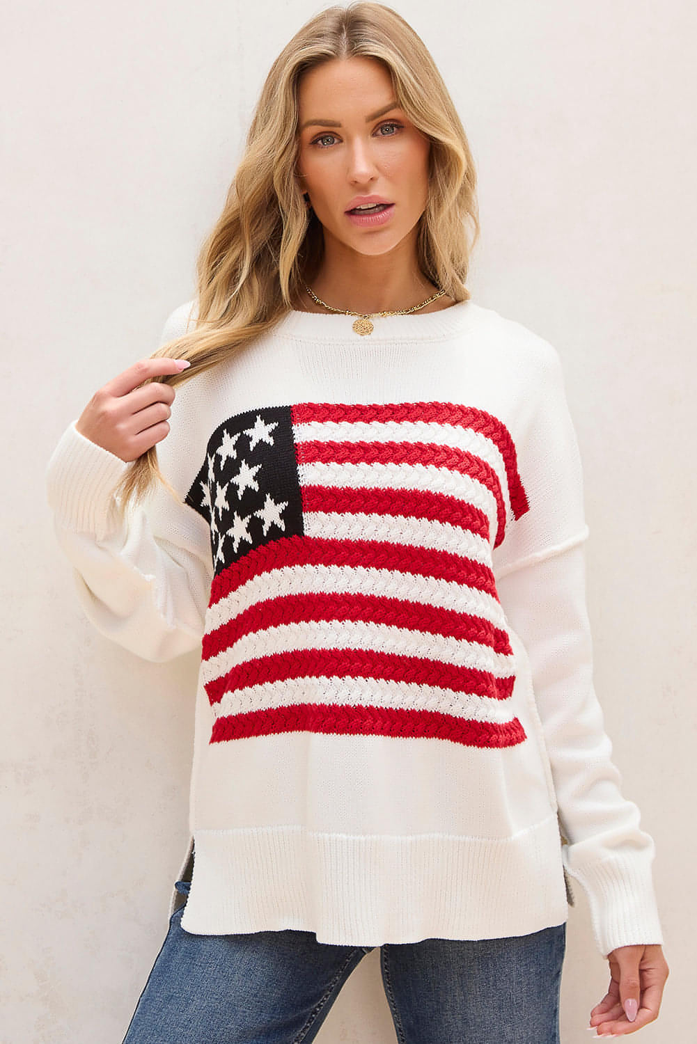 Hvit American Flag Cable Knit Drop Shoulder Genser