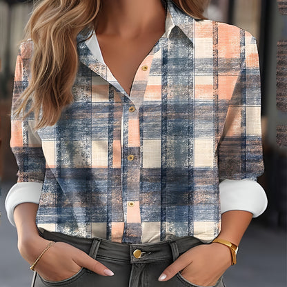 Women's Color Matching Plaid Long-sleeved Dress Shirt