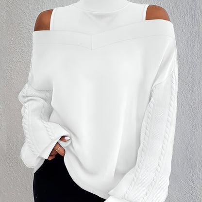 Twist Patchwork Cold-Shoulder Langarm Pullover Top Damen