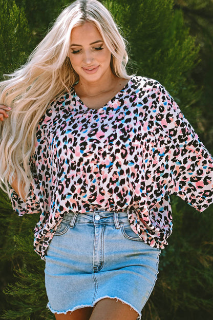 Pink Multicolor Leopard Print gegen Hals Übergroße Bluse