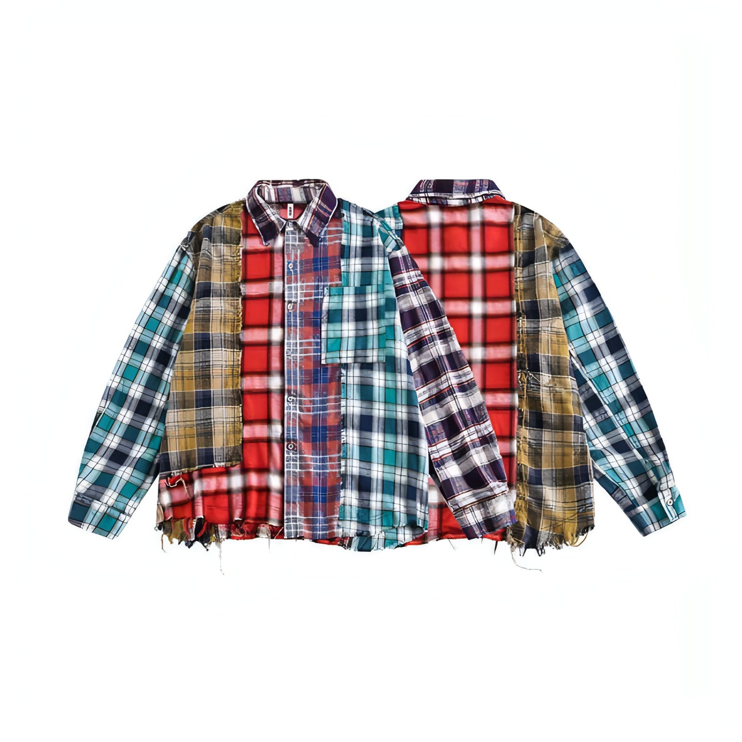 Multi-color Mosaic Plaid Fringed Hem Long Sleeve DressShirt Men