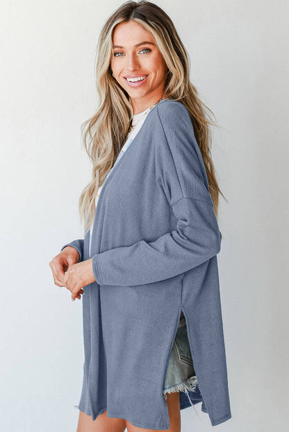 Ashleigh Blue Solid Color Rib Pleteni otvoreni prednji tunik Cardigan