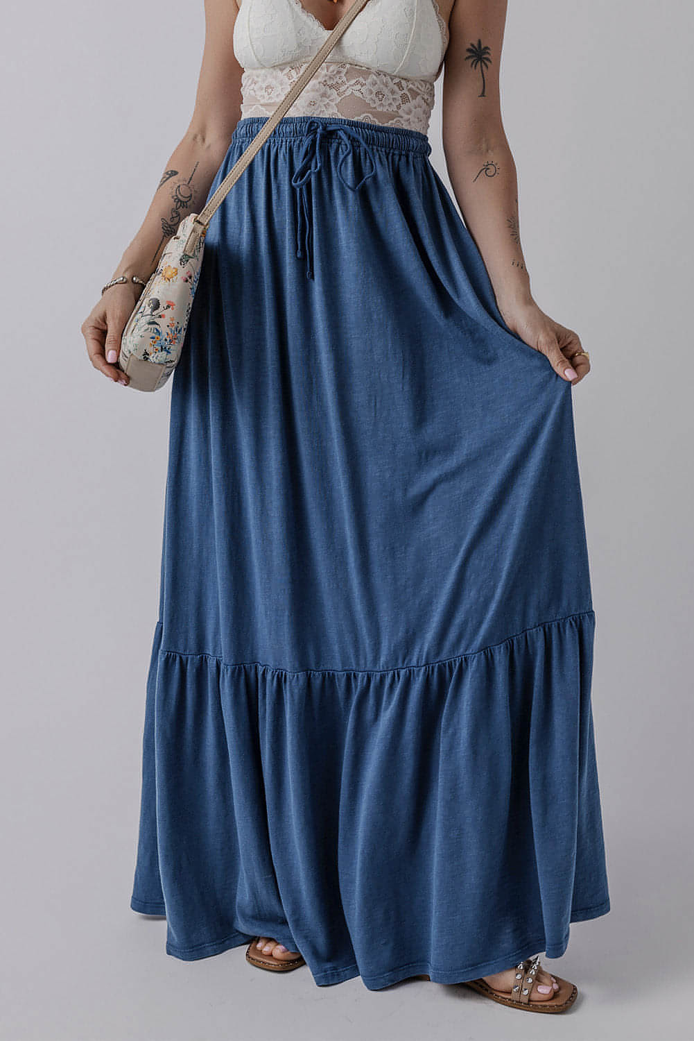 Zeil blauw vaste kleur veter omhoog hoge taille gelaagde maxi rok