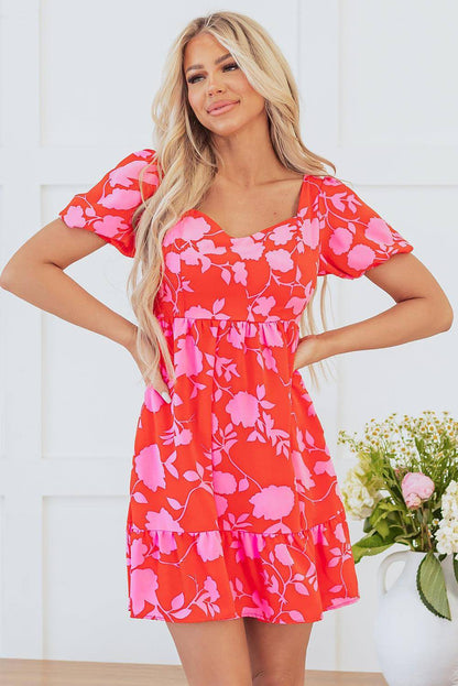 Red Floral Bubble Manga Sweetheart Neck Ruffled Mini Dress