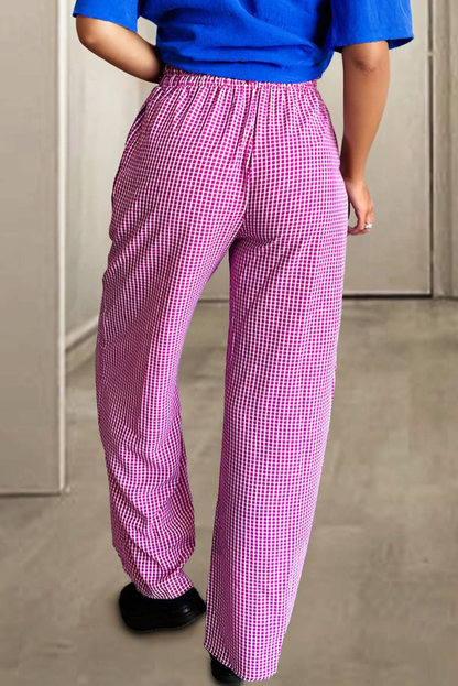 Pink Plaid Print Drawess High Taille Wide Bein Casual Hosen