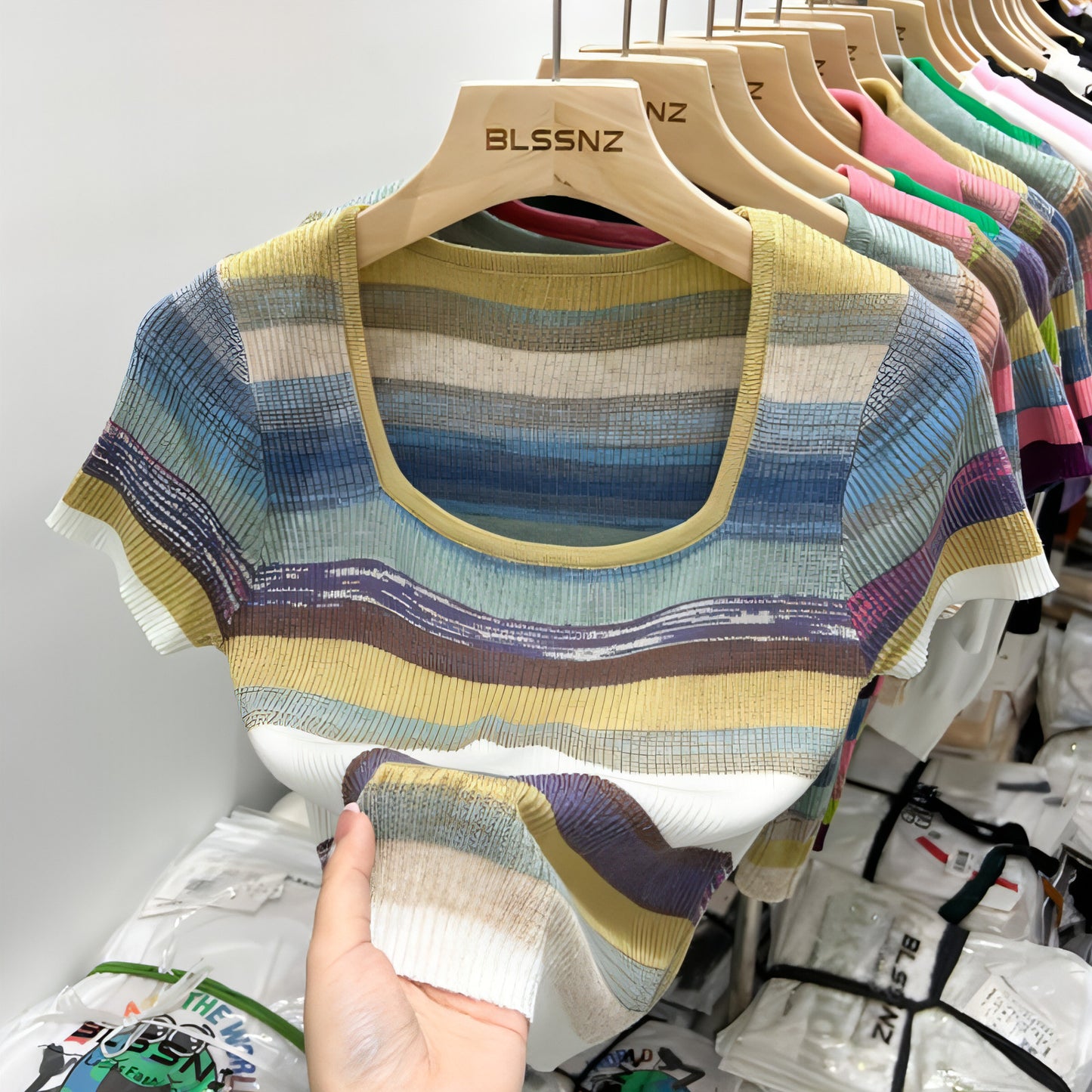 Women's Short Sleeve Square Collar Striped Ice Silk Knitted Sweater