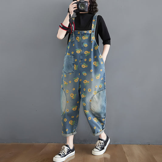 Denim-Overall mit Retro-Literatur-Print für Damen im Sommer