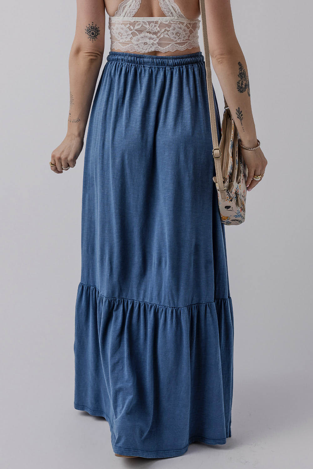 Zeil blauw vaste kleur veter omhoog hoge taille gelaagde maxi rok