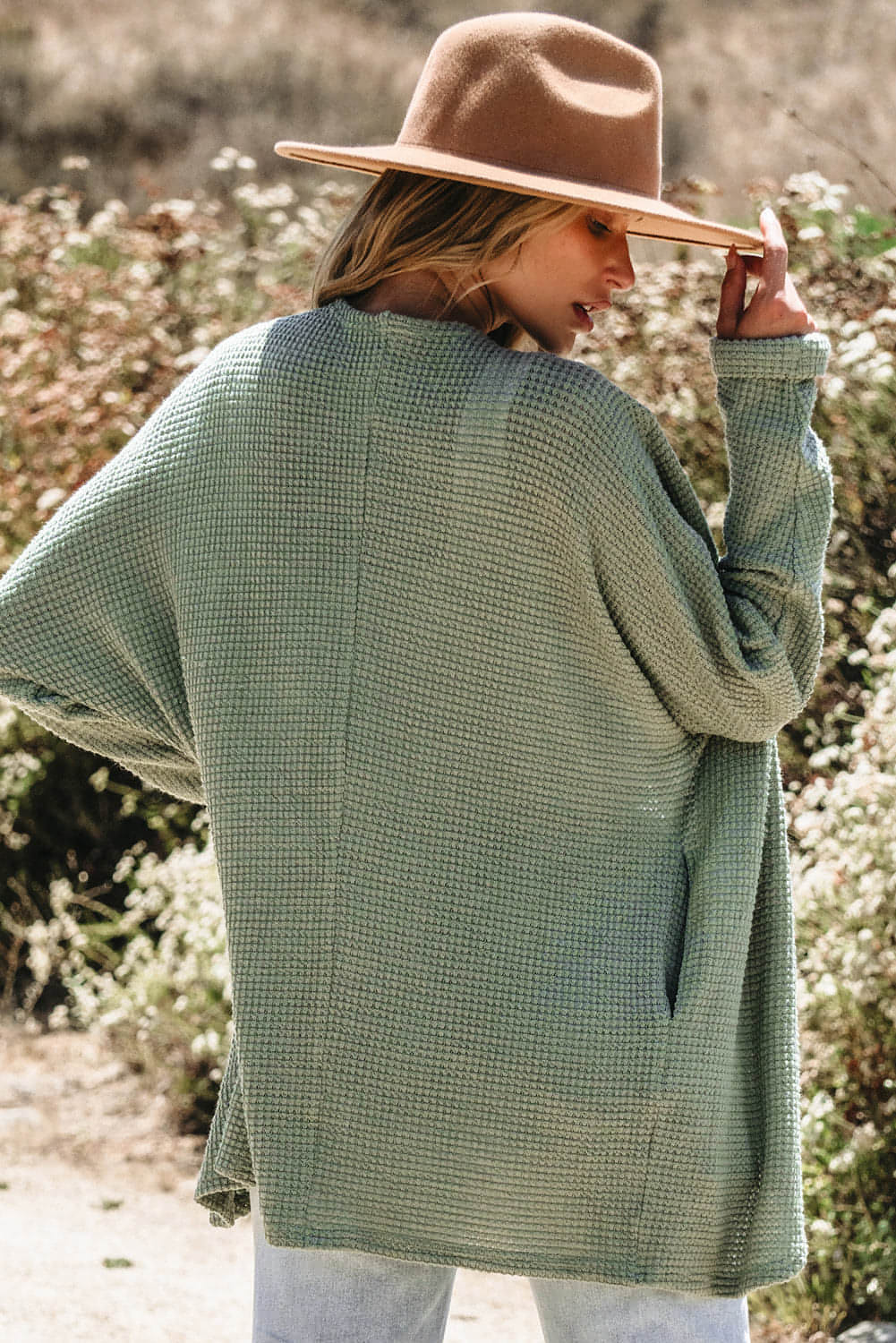 Laurel Green Waffelstrick-Cardigan mit offener Vorderseite